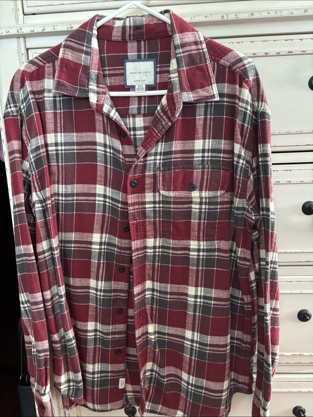 American Eagle Outfitters Men’s Burgundy, White and Gray Plaid Button-Down Shirt